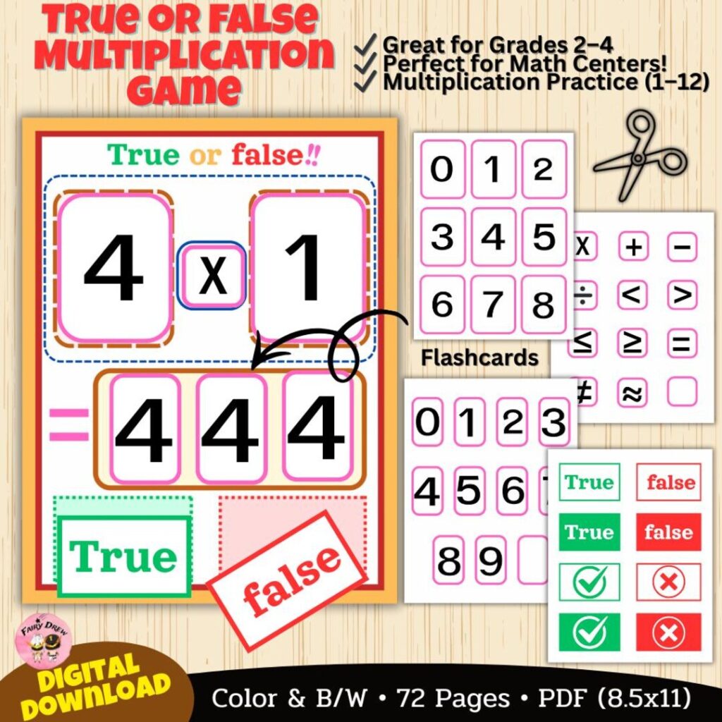 True or False Math Game | Multiplication 1–12 | Flashcards, Worksheets ...