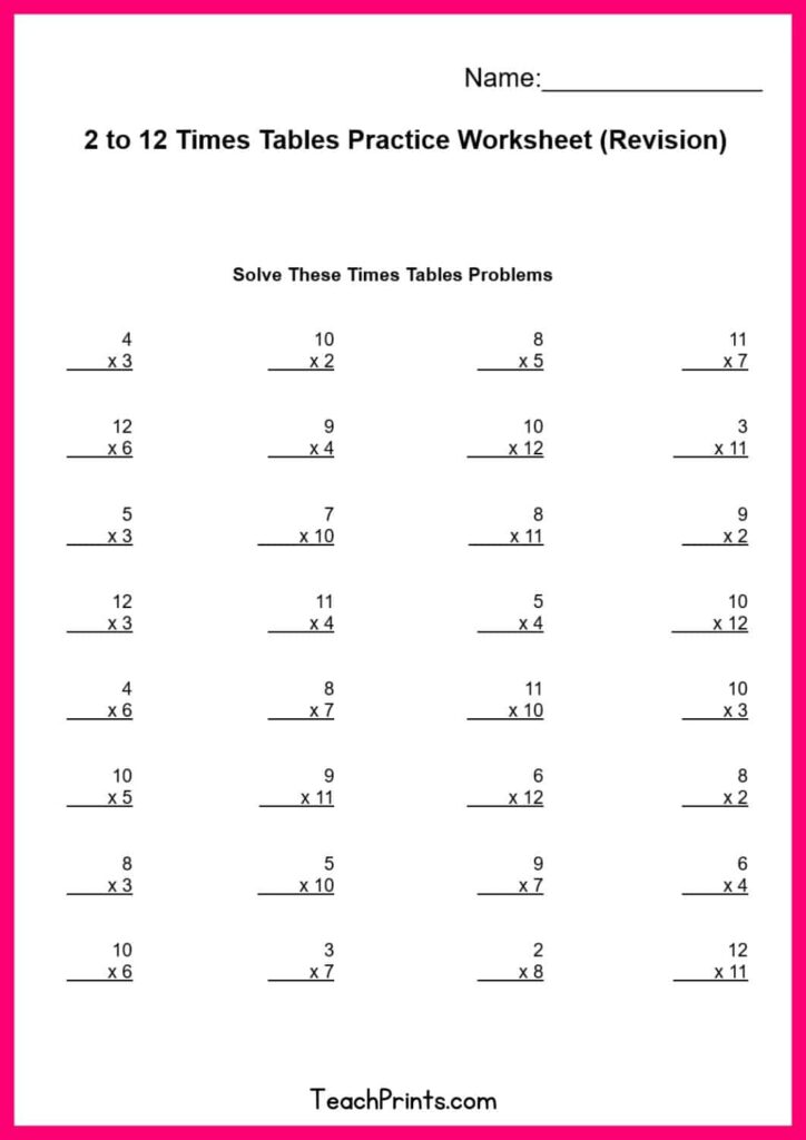 Worksheet for practicing the twelve times tables with various problems