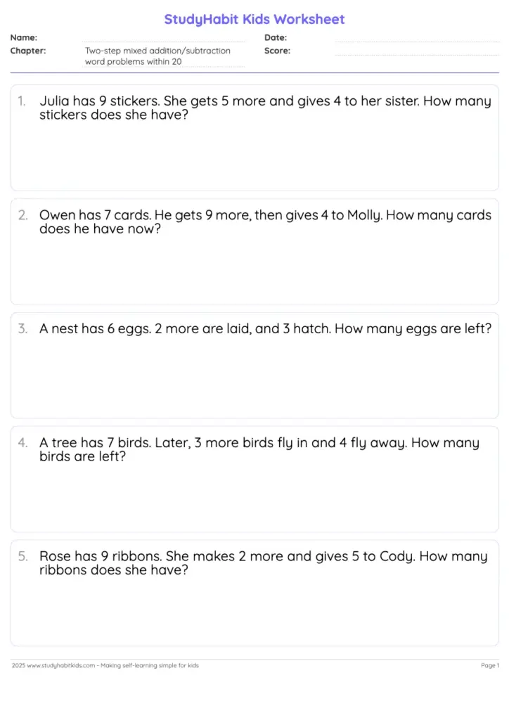Printable two step mixed addition and subtraction word problems within 20 for practice