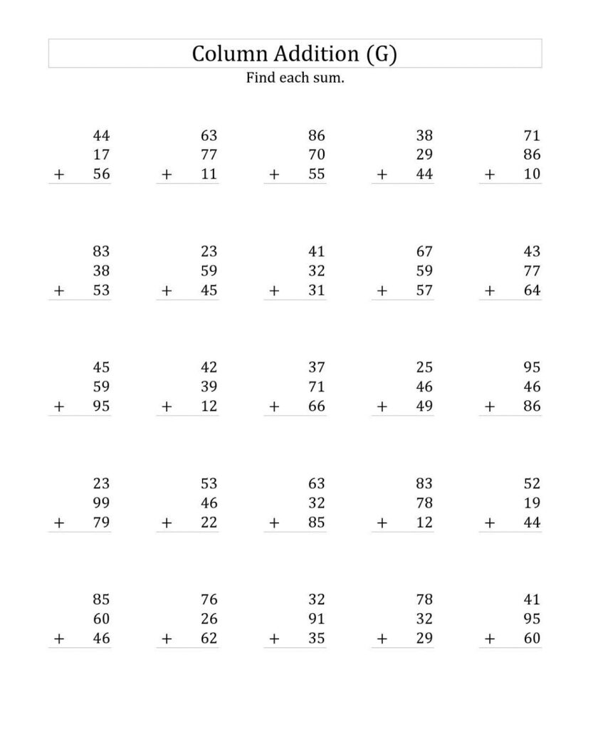 Column Addition Worksheets for 12 Year Olds Printable column addition worksheets for 12 year olds with various sums