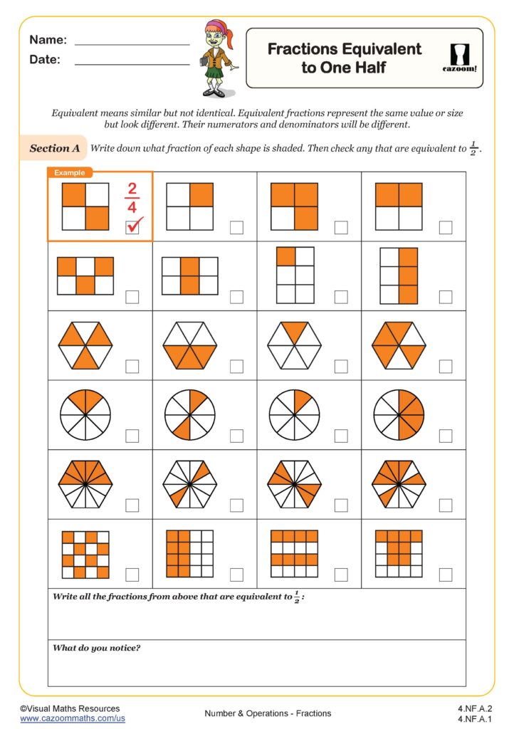Worksheet showing fractions equivalent to one half with shaded shapes