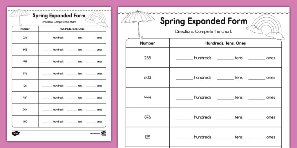 Spring Expanded Form Math Activity Sheet Printable spring-themed expanded form math activity sheet for Grade 2 students