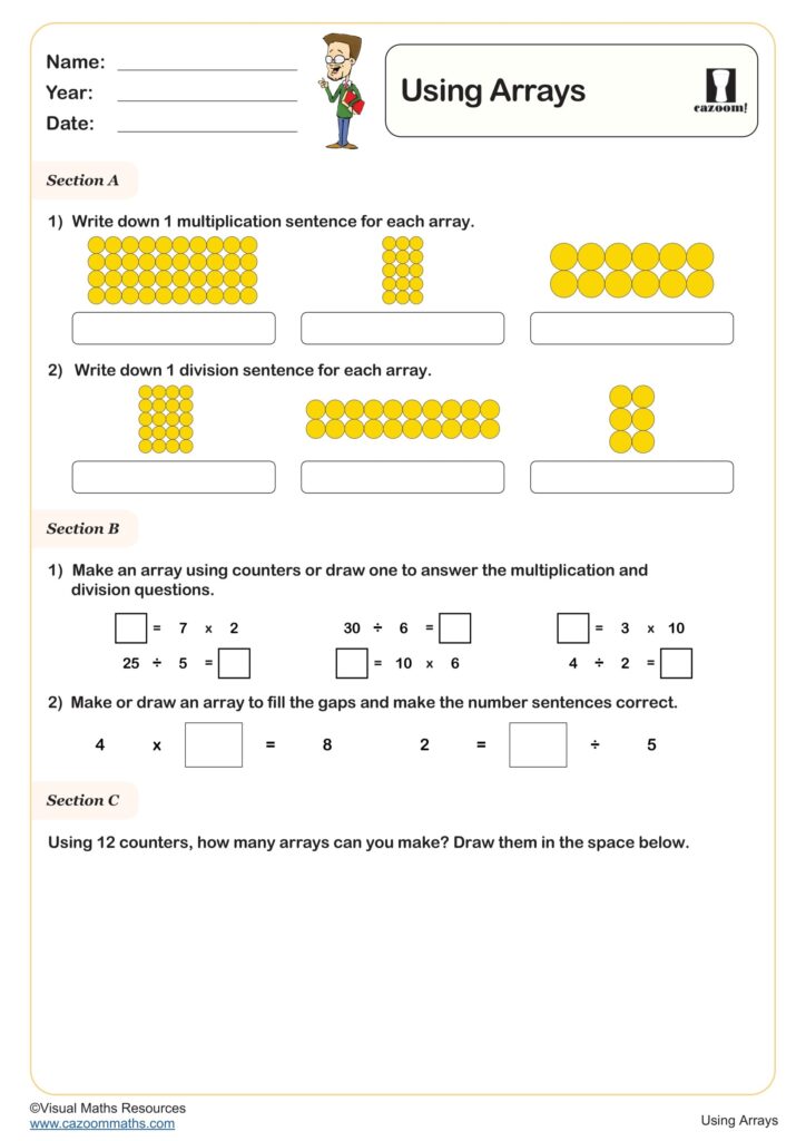 Printable worksheet for using arrays in multiplication and division for Year 2 students