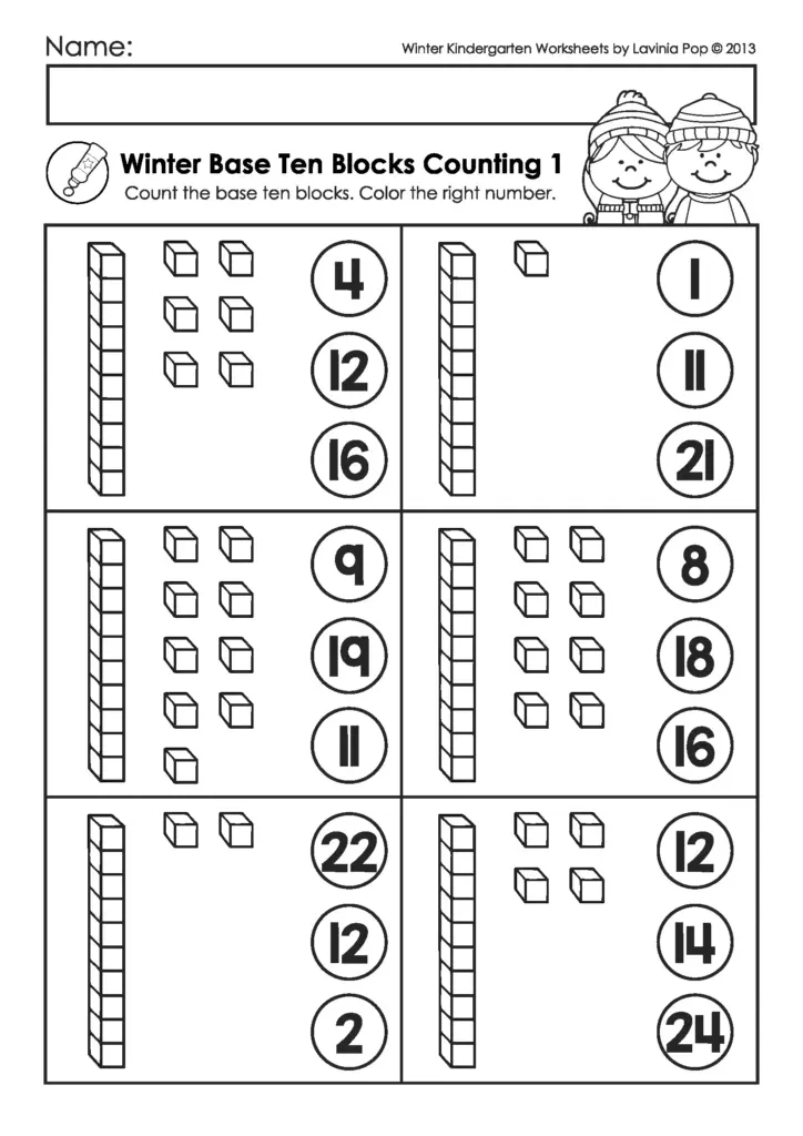 No prep winter kindergarten math worksheet for counting base ten blocks