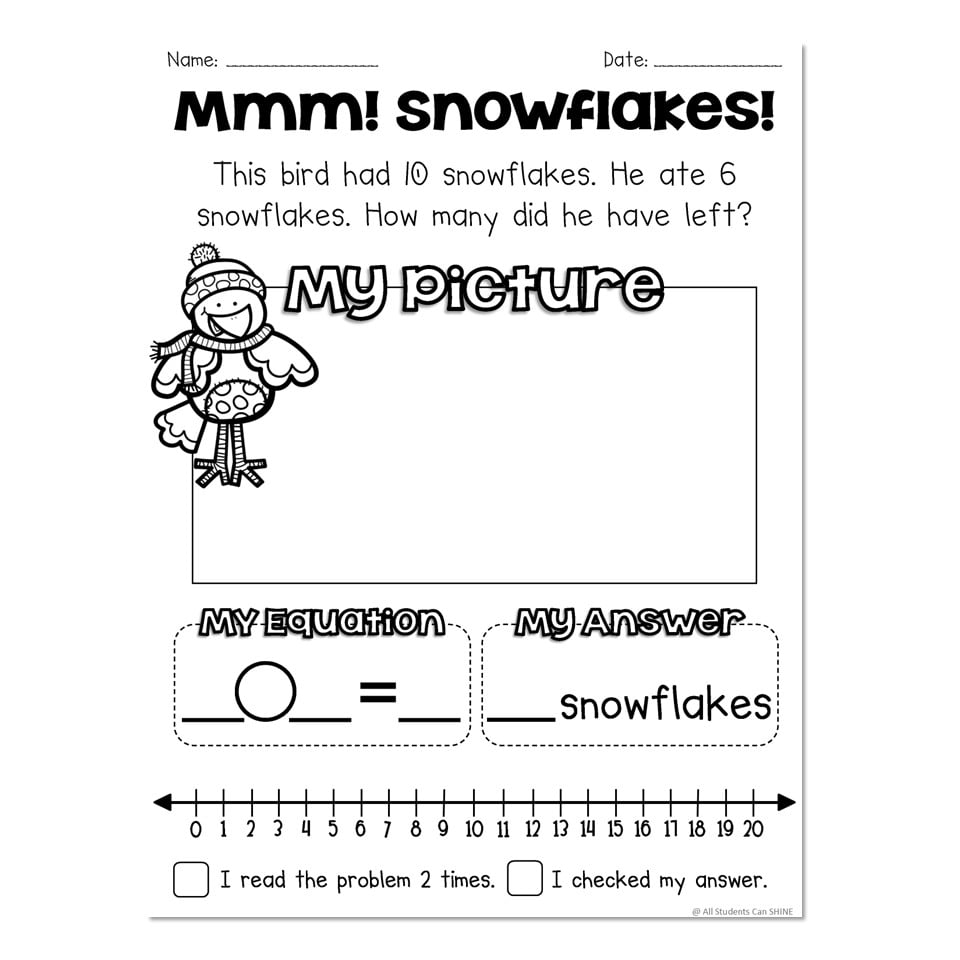Winter Math Activities – Subtraction Story Problem Worksheet Worksheet featuring a winter-themed subtraction story problem for kids