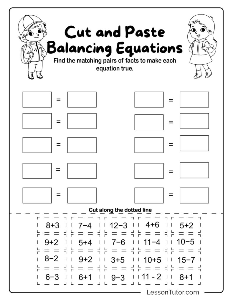 Printable cut and paste balancing equations worksheet for second grade students