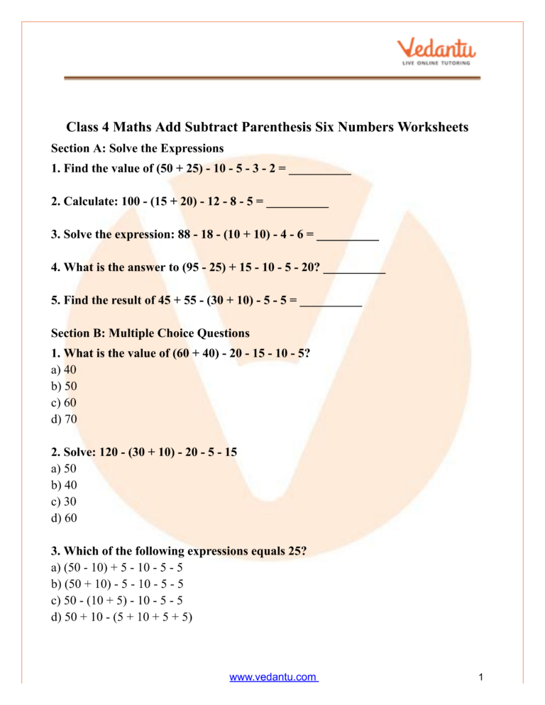 Free printable Worksheet For 4 Class Maths featuring addition and subtraction problems with parentheses