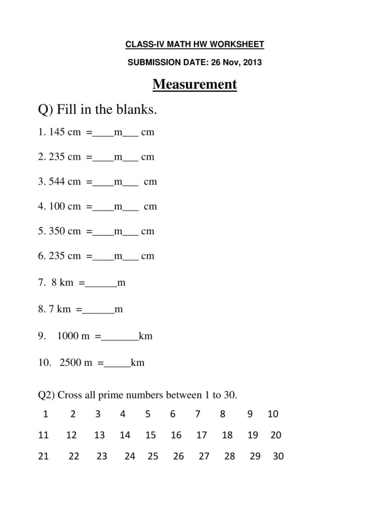 Worksheet For Class 4 Maths – Measurement Exercises Free printable Worksheet For Class 4 Maths featuring measurement exercises and fill-in-the-blank questions