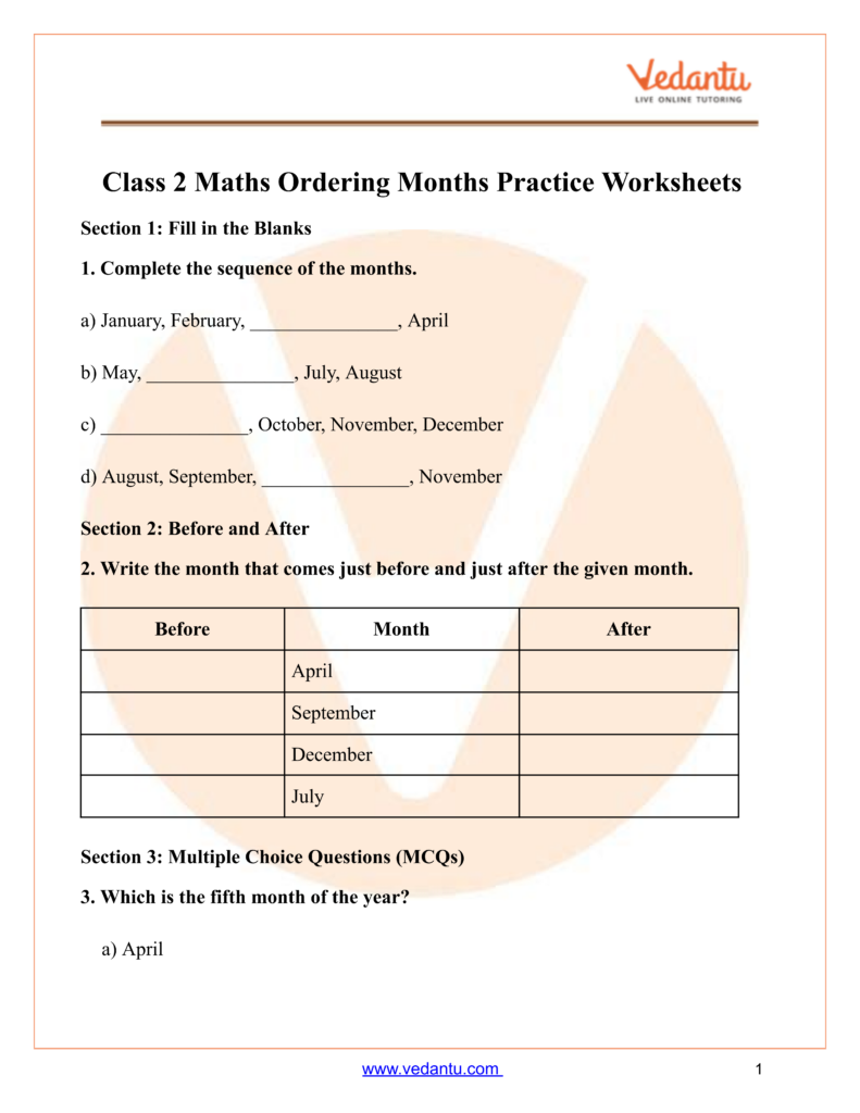 Free printable Worksheet For Maths Class 2 focusing on ordering months with fill-in-the-blank exercises
