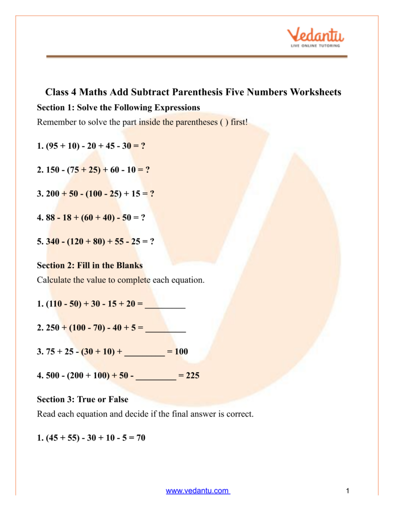 Worksheet On Maths For Class 4 – Add Subtract Parenthesis Worksheet On Maths For Class 4 featuring addition and subtraction with parentheses for five numbers