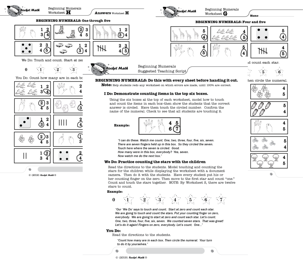 Worksheet for beginning numerals with answer key for counting exercises