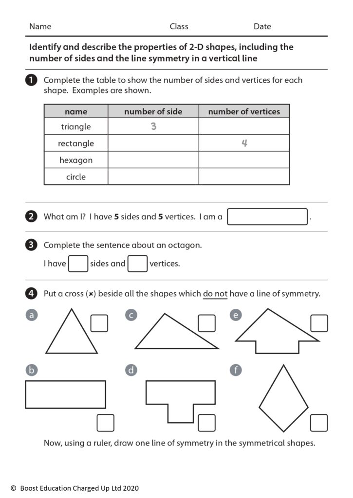 Worksheets for Year 2 – Properties of 2-D Shapes Printable Year 2 worksheets focusing on properties of 2-D shapes and symmetry
