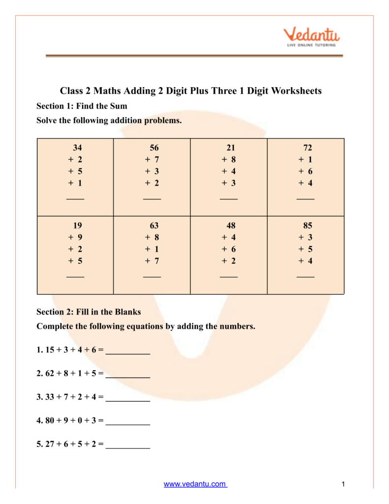 Worksheets of Maths for Class 2