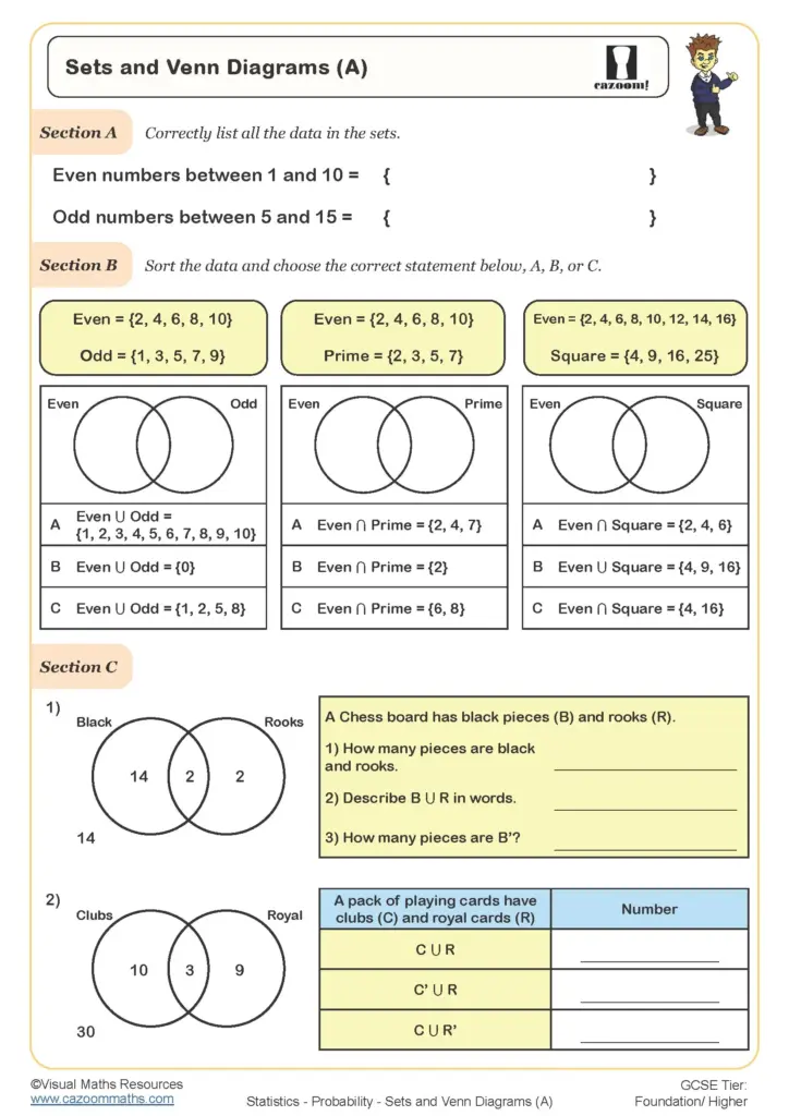 Printable Maths For 10 Year Olds Worksheets on sets and Venn diagrams