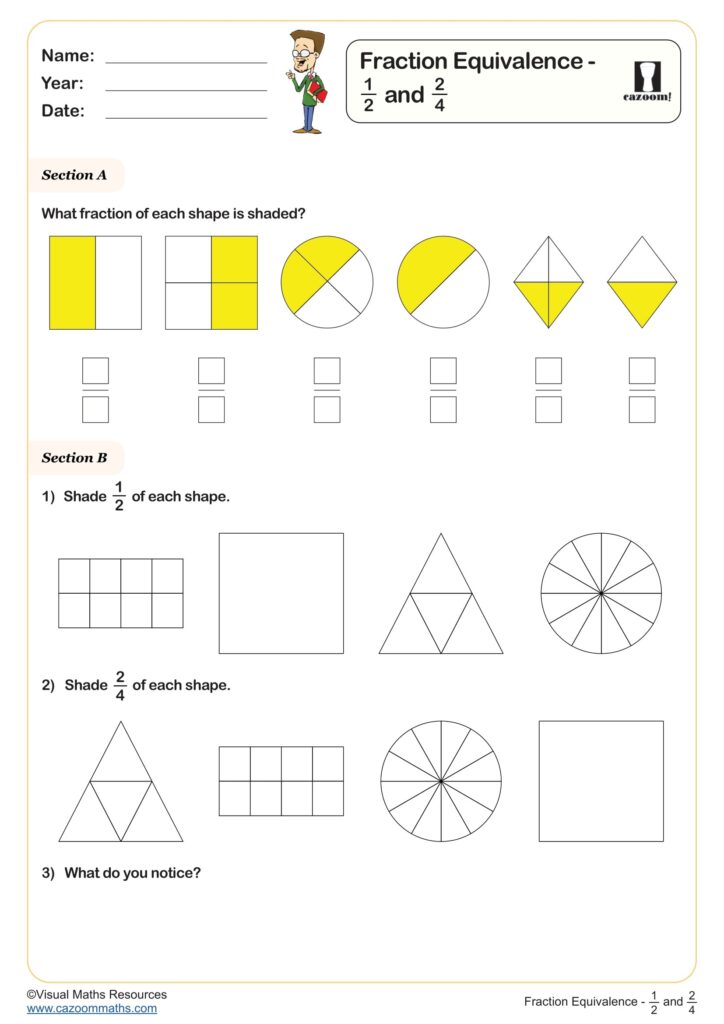 Printable year 2 fractions worksheets with various fraction exercises