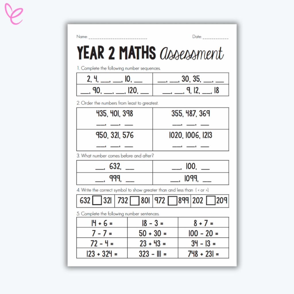 Printable Year 2 mathematics assessment with number sequences and comparisons