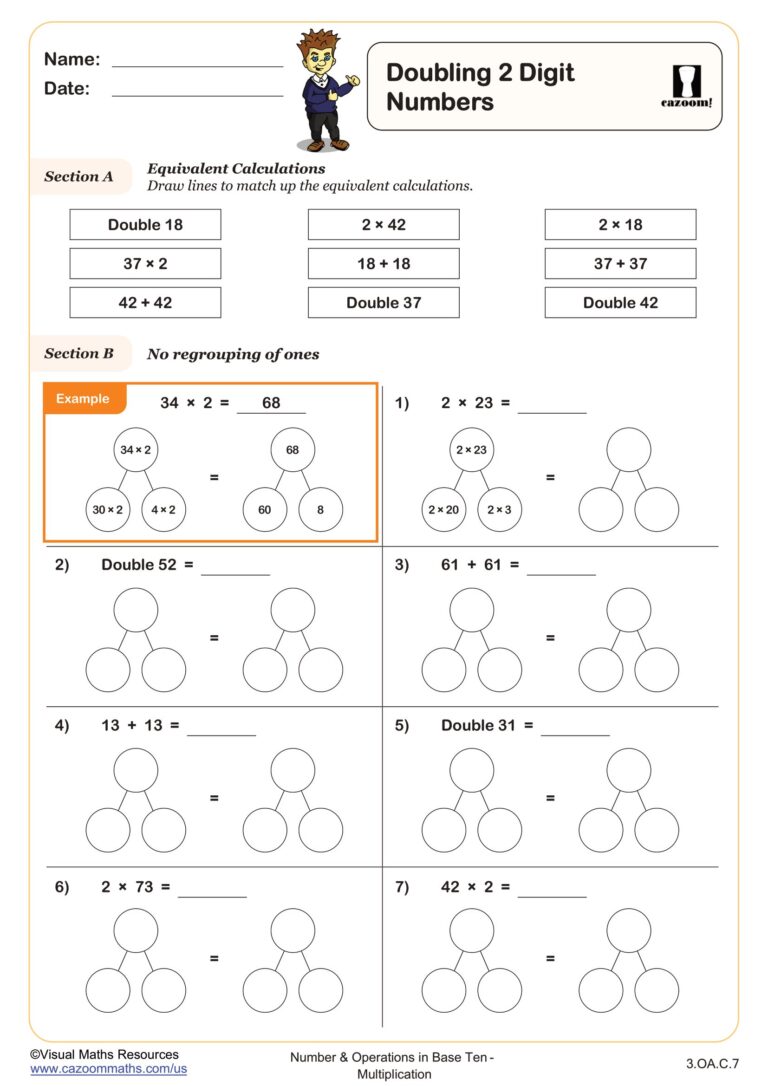 Year 2 Maths Revision Worksheets featuring doubling two-digit numbers with calculations