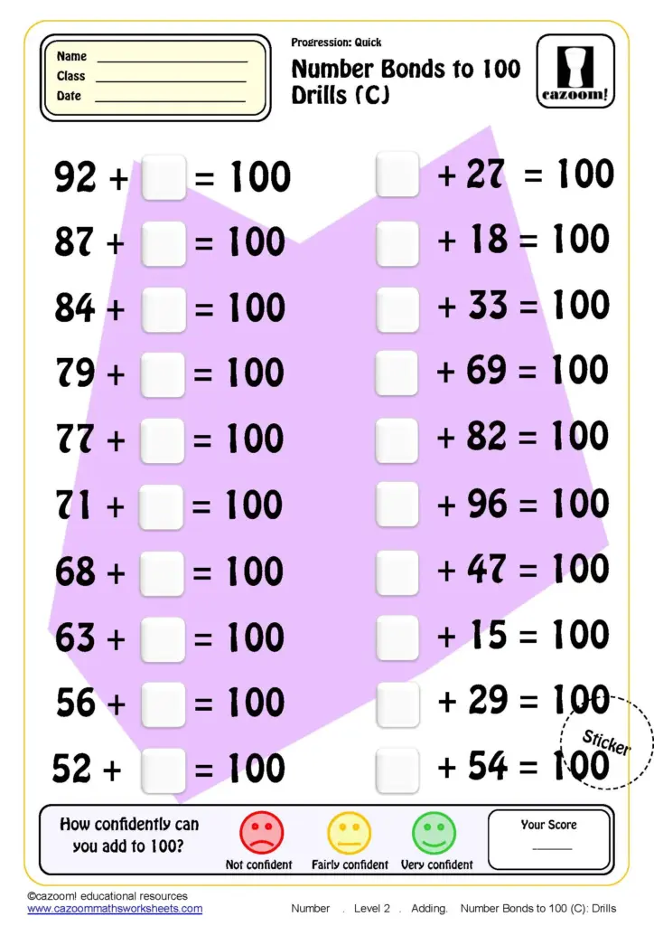 Year 2 maths worksheet for practicing number bonds to 100 with addition problems
