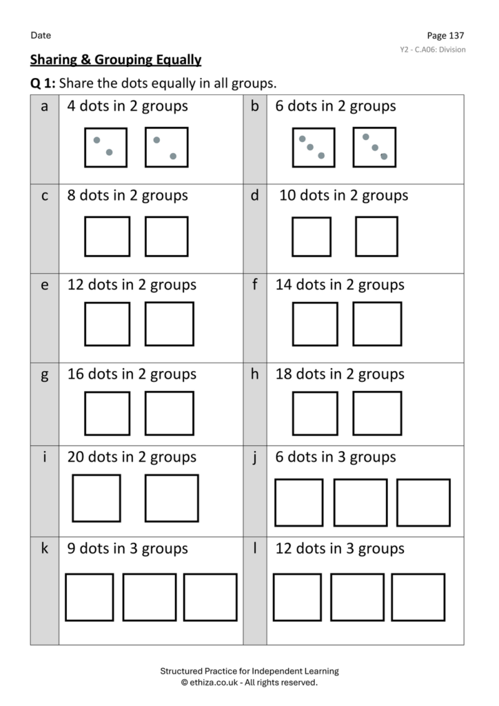 Printable Year 2 maths worksheet on sharing and grouping equally with visual aids