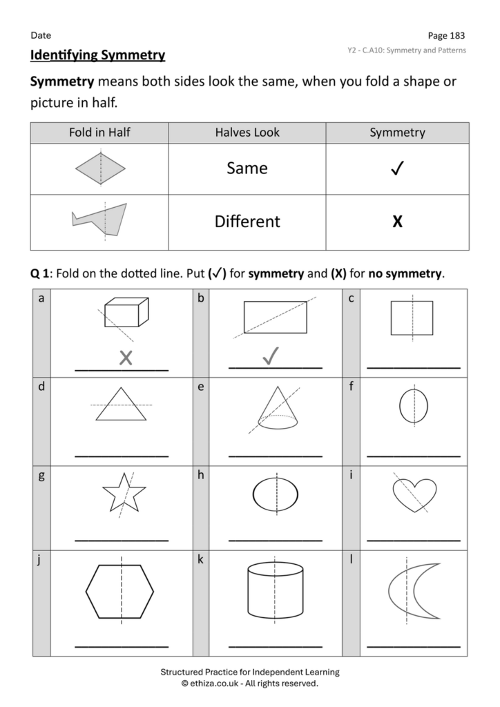 Printable Year 2 maths worksheet on identifying symmetry with shapes and patterns