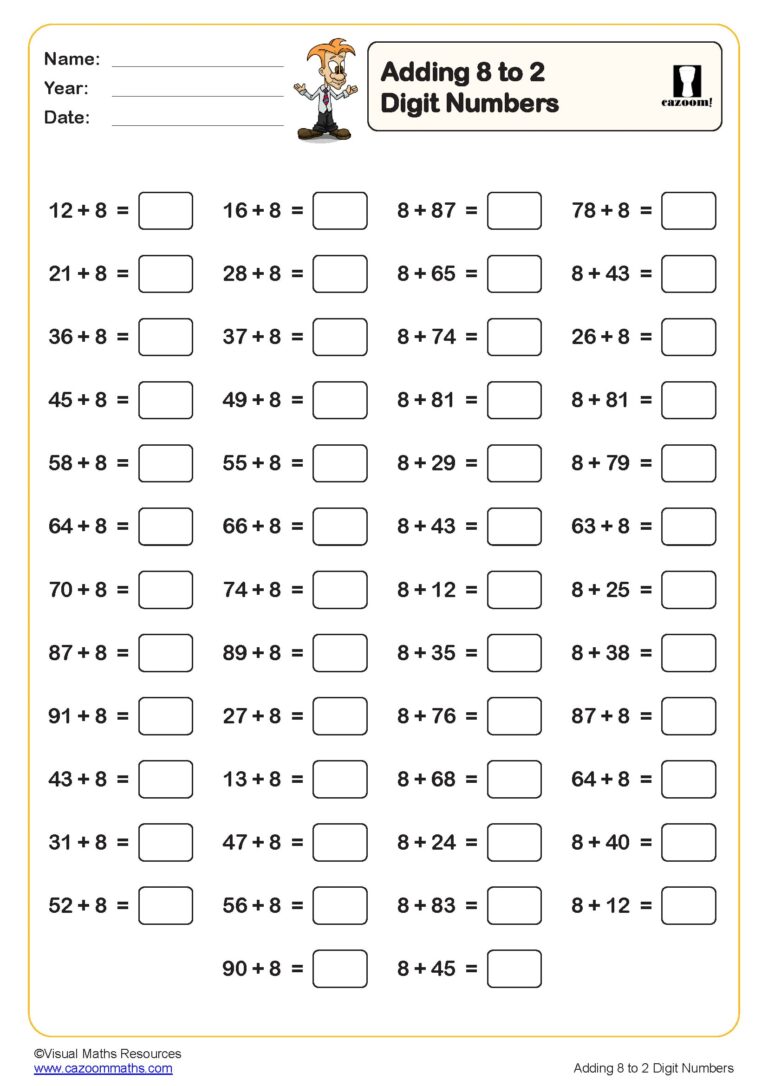 Free printable Year 2 Maths Worksheets Uk featuring adding 8 to 2 digit numbers with 50 questions