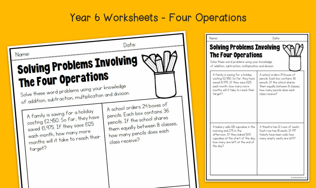 Year 6 Solving Problems Involving the Four Operations Worksheets Worksheets for Year 6 students solving problems with addition, subtraction, multiplication, and division