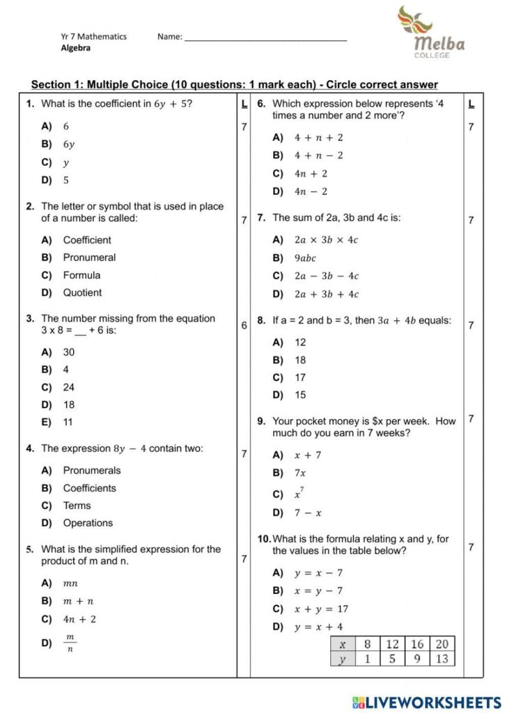 Year 7 Chapter … | Free Interactive Worksheets | 7102948
